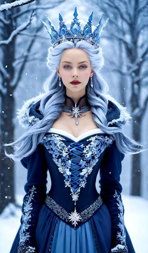 Snow Queen Character Design, Winter Themed Dresses, Winter Queen Aesthetic, Blue Winter Princess Dress, Snow Queen Aesthetic, Fairy Queen Dress, Ice Princess Costume, Snow Queen Dress, Snow Queen Costume