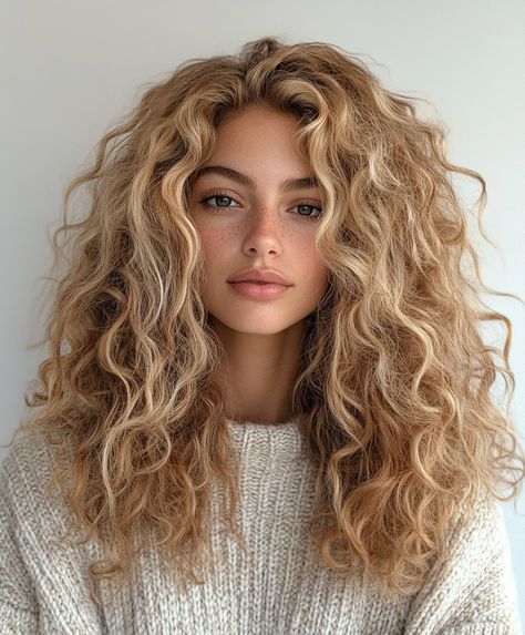 Curly Hair With Blonde Highlights: sun-Kissed Spirals Curly Hair With Blonde Highlights, Highlights Styles, Perfect Curly Hair, Hair With Blonde Highlights, Crimped Hair, Blonde Waves, Wedding Hairstyles Bride, Blonde Curls, Colored Curly Hair