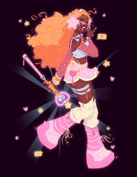 Black Magical Girl Oc, Black Magical Girl, Magical Girl Oc, Drawing Pics, Girl Oc, Cute Kawaii Drawings, Black Cartoon, Afro Art, Art Pink