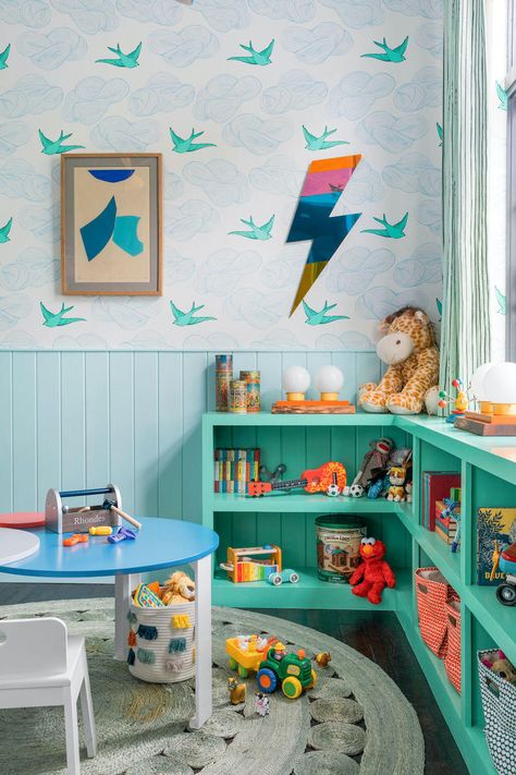 West Palm Beach Interior Design, Daydream Wallpaper, Palm Beach Interior Design, Big Kid Bedroom, Minimalist Kids Room, Colorful Playroom, Bunk Beds Built In, Toddler Table, Farrow And Ball Paint