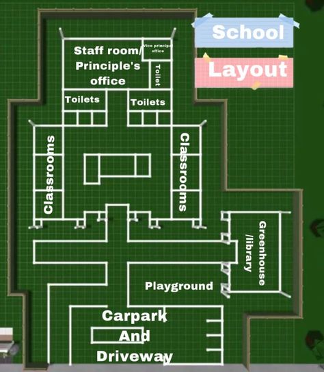 Bloxburg Layouts For Towns, Roblox Bloxburg School Layouts, Sims 4 School Layout, Blocksburg School Layout, Bloxburg Daycare Ideas Layout, Minecraft School Layout, Daycare Bloxburg Layout, Minecraft House Plans Layout, House Layouts 3 Bedroom