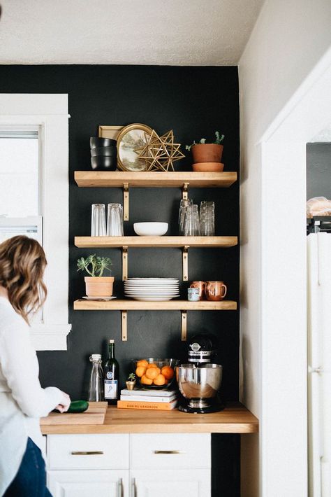 DIY Black and White Kitchen with Butcher Block and Open Shelves Kitchen Green, Black Window, Herringbone Backsplash, Diy Kitchen Remodel, Casa Vintage, Big Kitchen, Trendy Kitchen, Black Kitchens, Kitchen Shelves