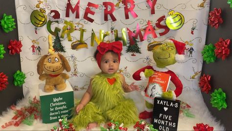 Half Way To One Christmas Theme, The Grinch Photoshoot Ideas, Grinch Themed Photo Shoot, The Grinch Photoshoot, Baby Grinch Photoshoot, Grinch Baby Photoshoot, Grinch Photoshoot Ideas, 2nd Birthday Pictures, Baby Christmas Photography