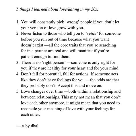 Ruby Dhal on Instagram: “A few things I learned about love in my 20s. I have an amazing new announcement coming in my newsletter! If you haven't subscribed yet,…” Quotes About Your 20s, Things I Learned In My 20s, Things To Learn In Your 20s, Dating In Your 20s, 20s Life, Self Acceptance Quotes, Ruby Dhal, Acceptance Quotes, In My 20s