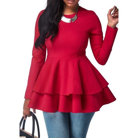 Rotita Round Neck Peplum Waist Long Sleeve Layered Blouse found on Polyvore featuring polyvore, women's fashion, clothing, tops, blouses, red, long-sleeve peplum top, long sleeve peplum blouse, peplum tops and red peplum blouse Formal Christmas Dinner, Christmas Dinner Outfit, Red Peplum Tops, Cute Valentines Day Outfits, Long Sleeve Peplum Top, Trendy Tops For Women, Layered Blouse, Bridesmaid Dress Sizes, Affordable Dresses