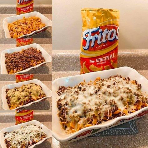 Walking Taco Bake, Taco Casserole Bake, Chili Cheese Fritos, Baked Tacos Recipe, Walking Taco, Walking Tacos, Cheddar Cheese Soup, Taco Bake, Taco Casserole