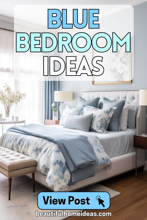 blue bedroom ideas. image shows an elegant large bedroom in a soft blue color scheme. it features lots of blue bedroom decor items including blue floral bedding, a blue throw and blue gray cushions on the large bed. Bedrooms With Blue Accents, Feminine Blue Bedroom, Bedroom Ideas With Blue Walls, Blue Master Bedrooms Decor Cozy, Small Blue Bedroom Ideas, Blue White Bedroom Ideas, Blue Romantic Bedroom, Blue Minimalist Bedroom, Light Blue Bedrooms