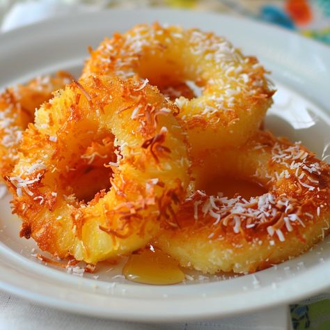 🍍✨ Try our crispy Fried Pineapple with Coconut Crust! #FriedPineapple #TropicalDelight Fried Pineapple with Coconut Crust Ingredients: Pineapple rings (1 can, drained) Flour (1 cup) Eggs (2, beaten) Shredded coconut (1 cup) Vegetable oil (for frying) Honey (for drizzling) Instructions: Dip pineapple rings in flour, then eggs, and coat with shredded coconut. Heat oil in a pan over medium heat. Fry pineapple rings until golden brown, about 2-3 minutes per side. Drain on paper towels and dri... Pineapple Rings, Best Macaroni Salad, Twisted Recipes, Trending Recipes, Macaroni Salad, Crispy Treats, Snack Cake, Shredded Coconut, Tasty Dishes