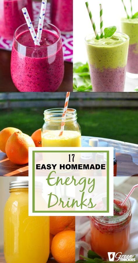 Here are 17 of the best healthy homemade energy drinks to help you boost your energy and your vitality  Did you know that store bought 'energy' drinks are actually extremely harmful for your health for SO many reasons and they will end up zapping your energy and causing you even more health problems in the long term.  Natural energy drinks are good for your body, they actually do increase your energy levels AND you will end up with better health in the long term  #greenthickies #energydrinks How To Make An Energy Drink, Energy Drink Replacement, 4c Energy Rush Drinks, Diy Healthy Energy Drinks, Natural Drinks For Energy, Homemade Energy Shots, Drinks That Give You Energy, Diy Energy Shots, Natural Energy Booster Remedies