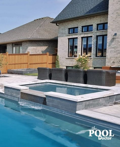 Hot Tub Tile Ideas, Spillover Spa Pool, Spa Spillover Into Pool, Pool Spa Tile Ideas, Spa Tile Ideas, Pool And Spa Design Backyards, Pool With Hot Tub And Tanning Ledge, Rectangle Pool With Spa, Pool Tanning Ledge