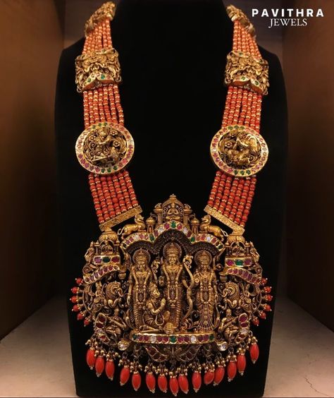 Gold Antique Coral Haram From 'Pavithra Jewels' • South India Jewels Pretty Gold Necklaces, Coral Jewellery, Coral Jewelry Set, Haram Designs, Jacket Designs, Gold Haram, Temple Jewelry Necklace, Delicate Gold Jewelry, Neck Pieces Jewelry