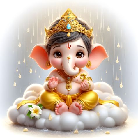 A cute, cartoonish image of Lord Ganesha, the Hindu god of wisdom and new beginnings, sitting on a cloud and wearing a golden crown and attire. Cute Ganesha, God Of Wisdom, God Ganesh, Digital Invitations Wedding, Happy Ganesh, Lord Ganesha Paintings, Ganesh Images, Golden Crown, Happy Ganesh Chaturthi