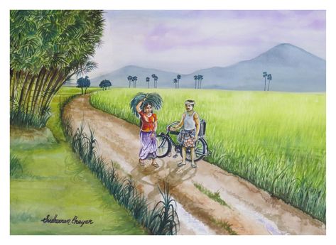 Lovers in paddy field- Kerala Paddy Field Drawing, Village Pencil Drawing, Paddy Field Painting, Kerala Village, Field Drawing, Art Competition Ideas, Paddy Field, Childhood Memories Art, Farm Paintings