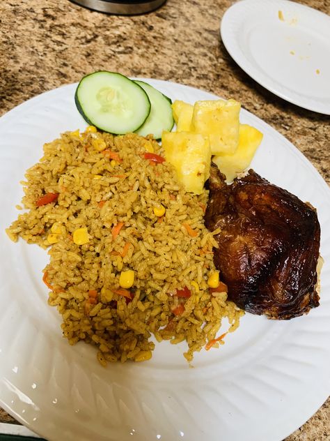 Guyanese Fried rice , baked chicken, pineapple and cucumber 😋 Pineapple And Cucumber, Guyanese Food, Guyanese Recipes, Chicken Pineapple, Kitty Nails, Hello Kitty Nails, Baked Chicken, Fried Rice, Cucumber