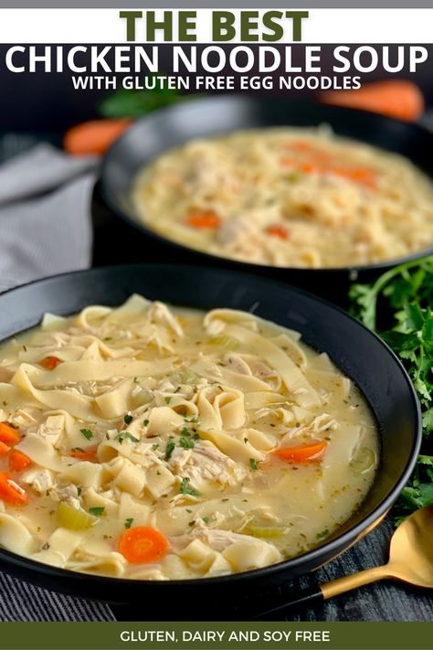 Nothing beats a warm bowl of Chicken Noodle Soup loaded with seasonings, broth, fresh veggies, shredded chicken, and gluten free egg noodles. #glutenfree #dairyfree #soyfree #chickennoodlesoup Gluten Free Chicken Soup Recipes, Egg Free Chicken Noodle Soup, Gluten Free Sick Food, Chicken And Noodles Dairy Free, Gluten Free Chicken And Noodles Crockpot, Gluten Free Chicken And Noodles, Dairy Free Chicken Noodle Soup, Gluten Free Chicken Noodle Soup Crockpot, Gf Chicken Noodle Soup