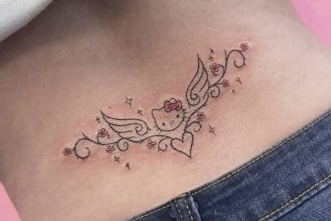 (˶'ᵕ'˶) Tatoos Woman Aesthetic, Y2 Tattoo, Hello Kitty Tramp Stamp Tattoo, Sanrio Tramp Stamp, Small Tattoo Aesthetic, Kawaii Tramp Stamp, My Melody Tramp Stamp, Hello Kitty Tramp Stamp, 17 Tattoo