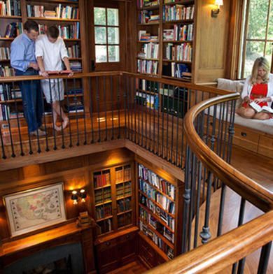 French Country Style Church | Catwalk Library (3) Two Story Library, Dream Home Library, Reading Rooms, Home Office Library, Library Inspiration, Dream Library, Beautiful Library, Library Room, Home Library Design