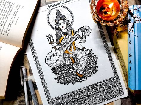 Mandala art goddess Saraswati Saraswati Drawing Mandala, Mandala Art Saraswati, Saraswati Goddess Mandala Art, Saraswati Mandala Art, God Drawing, Goddess Saraswati, Shiva Tattoo Design, Saraswati Goddess, Shiva Tattoo