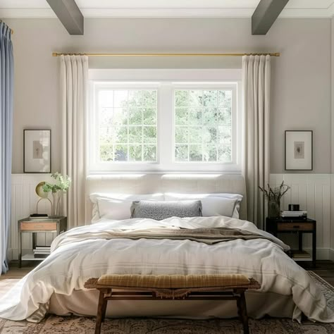 Bedroom Windows Above Bed, Curtains Above Bed Window, Bedroom Ideas Windows Beside Bed, Bed In Front Of Window Curtain Ideas, White Bed White Curtains, Bedside Window, Small Bedroom With 2 Windows, Bed Designs With Window Behind, Window With Bed Design