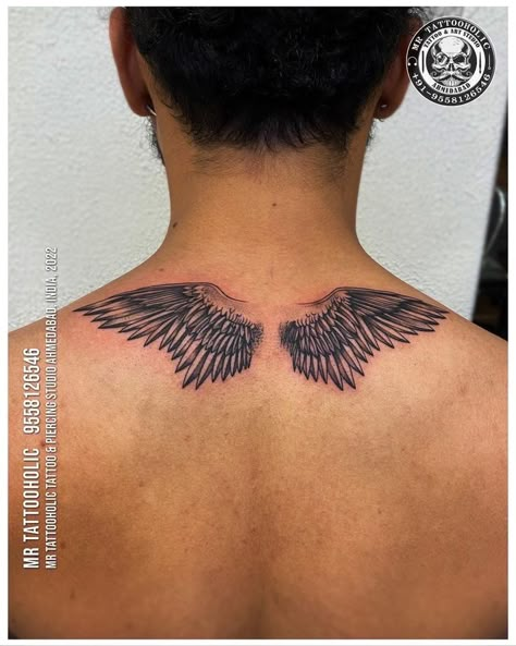 Upper Back Wings Tattoo Men, Man With Wings Tattoo, Wings Tattoo On Back For Men, Wings Tattoo Back Men, Back Tattoo Men Wings, Devils Wings Tattoo, Wings Back Tattoo For Men, Wing Tattoo Designs Men, Back Tattoos For Guys Upper Wings