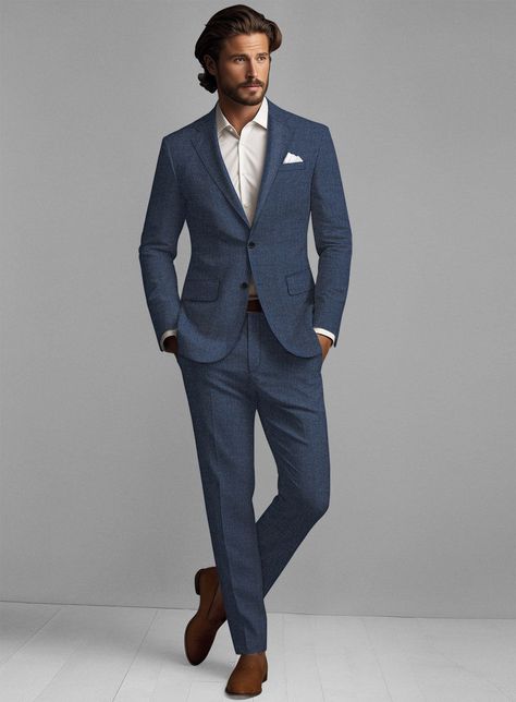 A luxurious spin on classic tailoring, our Solbiati Denim Blue Linen Suit is an elegant piece that ensures an impeccable look. Crafted from pure linen, it offers a lean and polished appearance, as well as exceptional breathability for a stylish and comfortable feel. Meticulously tailored with contemporary details, this suit creates a sleek and powerful silhouette that is sure to make a statement at any social gathering or formal meeting.     About Solbiati Pericle Collection :  A blend of artisan craftsmanship and the finest linen, designed for those who cherish classic elegance with a modern twist. Our collection offers unparalleled comfort and impeccable style. With the freedom to explore vibrant textures and colors, from sophisticated two-tone twills to lively mélange patterns, Pericle Classic Mens Suits, Men Wedding Suits Classy, Blue Formal Outfit Men, Male Suits Classy, Hoi An Tailor Clothes, Blue Suit Men Wedding, Mens Suit Blue, Blue Summer Suit, French Blue Suit