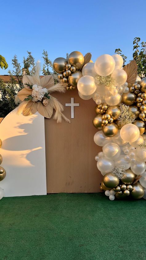 Baptism ✨ Custom backdrops and sign by @ldwoodworkcreations Balloons purchased at @dulceriacandyspots used @ellies_brand Baby’s breath… | Instagram White And Gold Bautizo, Babtizim Decor, Church Birthday Decorations, Boho Bautizo Decor, Bautizo Balloon Garland, White And Gold Baptism Decorations, Christian Themed Birthday Party, Boy And Girl Baptism Decorations, First Communion Balloon Garland