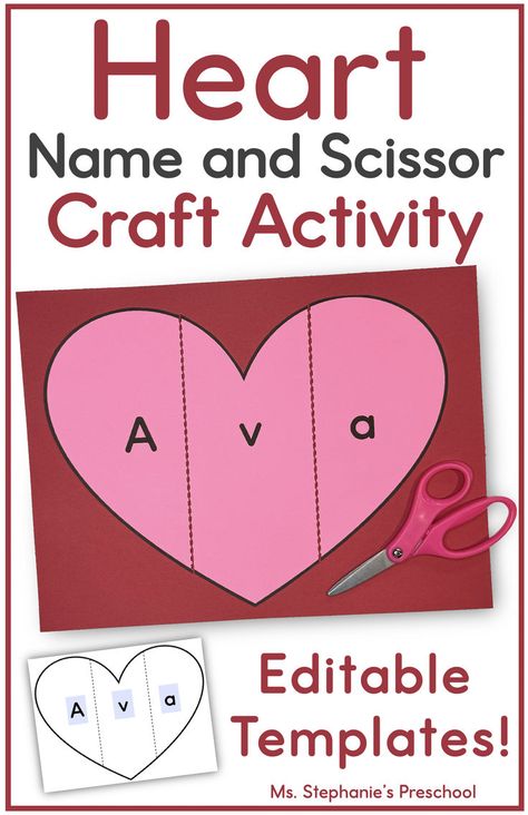 Heart Name and Scissor Craft Activity  Editable name pink heart with scissors Heart Name Activity Preschool, Valentines Motor Activities, Heart Craft Kindergarten, Valentines Day Letter Activities Preschool, Valentine Hats Preschool, Heart Name Craft Preschool, Valentine Crafts For Preschoolers Easy, Pre K Valentines Activities, Valentines Day Literacy Activities