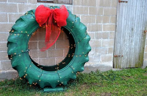 An idea took hold. We had something special here. Our little (big) fledgling tire wreath was bringing people joy. Wasn't that what Christmas was all about? Tire Christmas Decorations, Tire Wreath, Recycled Christmas Decorations, Christmas Garden Decorations, Tractor Tire, Tyres Recycle, What Is Christmas, Christmas Garden, Christmas Tree Farm