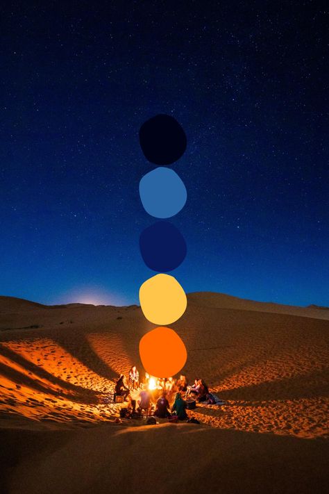 A colour palette based on a photograph of the Moroccan Sahara Desert at night by @malcoo on Unsplash #color #blue #colorpalette #inspiration #morocco #branding #homedecor Follow @CreativeTadpole for more colour inspiration Deep Blue And Orange Color Palette, Desert Night Color Palette, Sahara Color Palette, Solar Color Palette, Dubai Color Palette, Night Pallete Color, Ramadan Color Palette, Night Color Palette Illustration, Desert Color Pallete