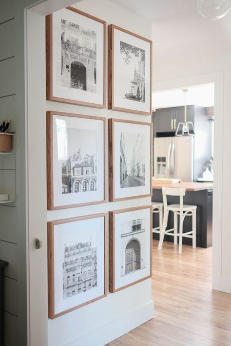 a small and chic gallery wall with blonde wood frames, white matting and beautiful place photos looks a bit farmhouse Symmetrical Gallery Wall, Art Colour, Black And White Photos, White Photos, Home Fashion, House Inspiration, Home Decor Inspiration, Home Living Room, Home Projects