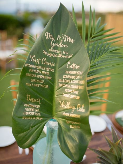 12 Creative Ways to Display Your Wedding Menu | TheKnot.com Wedding Cake Dark, Wedding Table Menus, Tropical Wedding Theme, Creative Display, Hawaiian Wedding, Table Set Up, Maui Weddings, Tropical Party, Wedding Desserts