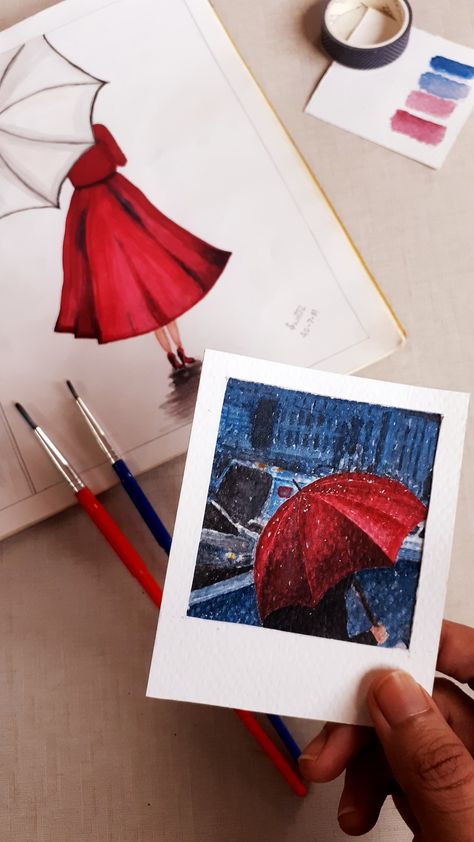 Raining Aesthetic Painting, Monsoon Related Drawing, Monsoon Drawings, Cute Polaroid Paintings, Aesthetic Polaroid Painting, Poloroid Paintings, Watercolor Polaroid Paintings, Monsoon Painting, Monsoon Aesthetic