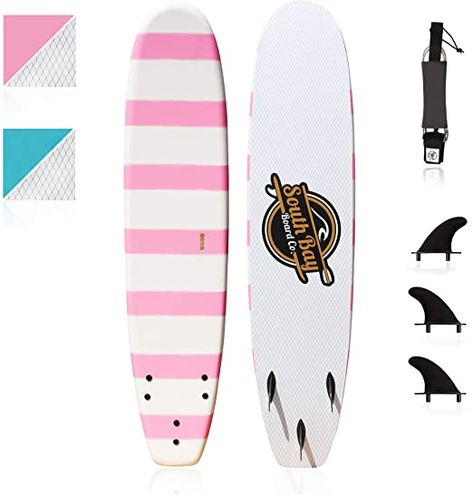 Amazon.com : Basic Beginner Soft-Top Foam Surfboards for Kids, Teenagers, and Lightweight Adults-8' Guppy Pink-with 3 Rounded-Edge Soft-Top Surfboard Fins (Thruster Set) & Fin Screws, 8' Leash, EZ Carry Handle : Sports & Outdoors Beginner Surfboard, Foam Surfboard, Best Surfboards, Surfboard Fins, Surf Boards, Surfboard Design, Board For Kids, South Bay, Soft Tops