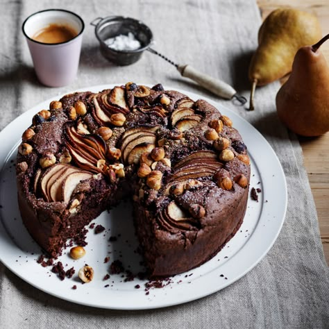 Chocolate pear olive oil cake | Australian Pears Pear And Chocolate Cake, Chocolate Fudge Sauce, Dry Cake, Pear Cake, Oil Cake, Olive Oil Cake, Pear Recipes, How To Roast Hazelnuts, Fudge Sauce