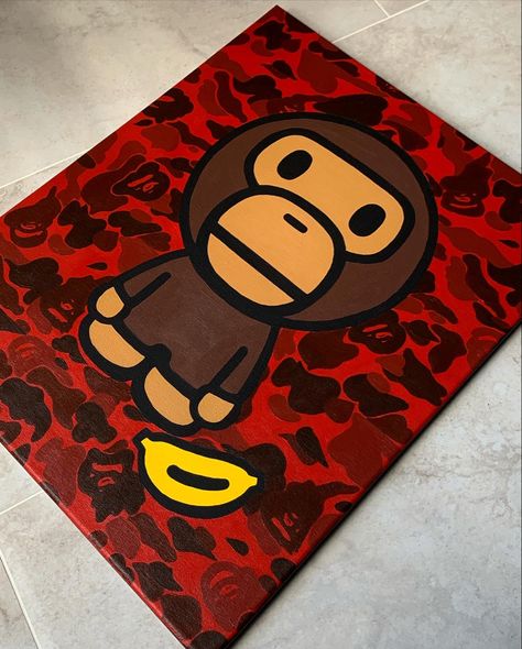 Bape Drawings Easy, Bape Art Canvas, Baby Milo Painting, Bape Monkey Painting, Bape Paintings Canvas, Bape Drawings, Hypebeast Painting Canvas, Bape Paintings, Hypebeast Painting