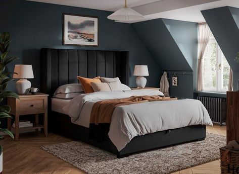 Bedroom With Blue Ceiling, Light Blue Bed Frame Bedroom Ideas, Light Blue Headboard, Bedroom Blue Bed, Blue Headboard Bedroom Ideas, Spare Bedroom Ideas Guest Rooms, Bedroom Upholstered Bed, Sofa Bed Blue, Ottoman Bed Frame