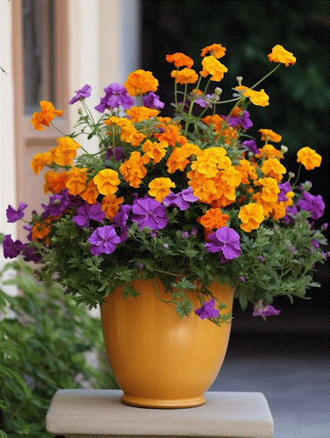 10 Marigold Planter Ideas [With Pictures To Inspire You!] Yellow Flower Pot Ideas, Marigold Pot Ideas, Potted Annuals Ideas, Annual Planters Ideas, Marigolds In Pots, Flower Container Ideas, Patio Flower Pots, Growing Marigolds, Potted Plants Patio