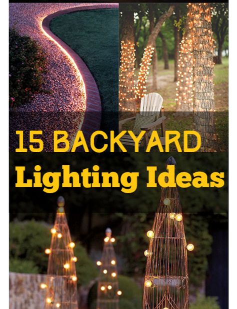 Backyard Lighting Fence, Lighting In Backyard, Patio Ground Lighting, Outdoor Lighting Around Pool, Landscape Lighting Ideas Backyards, Hanging Lights In Backyard, Fairy Lights Outside, Fire Pit Lighting Ideas, Outdoor Patio Lighting Ideas