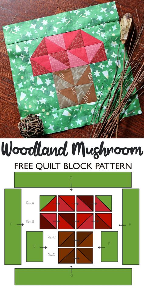 Woodland Mushroom Quilt Block Pattern Nature Quilt Blocks, Quilt Along Free, Mushroom Quilt Block Free Pattern, Free Quilt Block Patterns Easy, Mushroom Quilt Block, Free Quilt Square Patterns, Forest Quilt Pattern, Mushroom Quilt Pattern, Mushroom Quilts