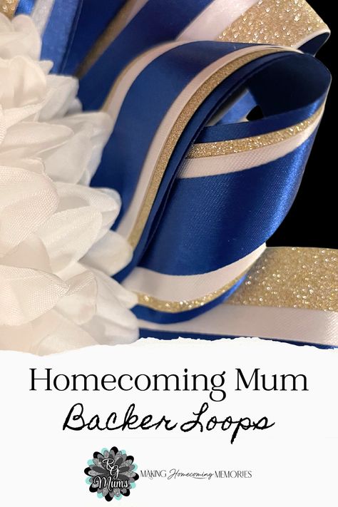 This stunning homecoming mum backer has a combination of two different mult-layered ribbon loops with navy & white acetate ribbon and gold diamond dust. The royal really pops on top of the white ribbon. Perfect for your HOCO mum or garter. #texasmom #texasmade Homecoming Mum Backer, Hoco Garter, Mum Inspiration, Diy Dollar Tree Gifts, Unique Homecoming Mums, Hoco Mums, Texas Mums, Senior Mums, Hoco 2024