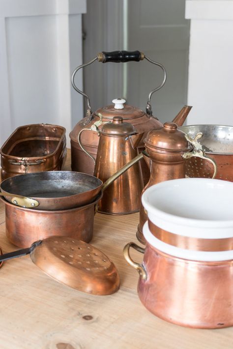 Copper Cookware Display, Fairytale Farmhouse, Parisienne Farmgirl, Pine And Prospect, Pine And Prospect Home, Low Budget Decorating, Dream Ranch, Vintage Copper Pots, Copper Collection