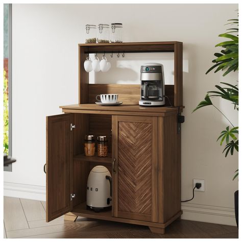 PRICES MAY VARY. Ample Storage Space:This coffee bar station features a spacious 2-tier tabletop, perfect for organizing your coffee maker, coffee beans, jars, and more. There are 6 hooks on the Coffee Bar Table to easily organize mugs, it also includes 2 extra-large storage spaces at the bottom with adjustable shelves to meet all your needs and keep the space neat and organized. Bar Cabinet with Charging Station:Our coffee bar buffet cabinet comes equipped with 2 AC outlets and 2 USB ports, ens Small Coffee Bar Set Up, Bar Cart With Storage, Fold Out Bar Cabinet, Small Tea Station Ideas, Bar Table Storage, Kitchen Island Coffee Bar, Coffee Beverage Bar, Coffee Corner Decor Ideas, Coffee Nook Cabinet