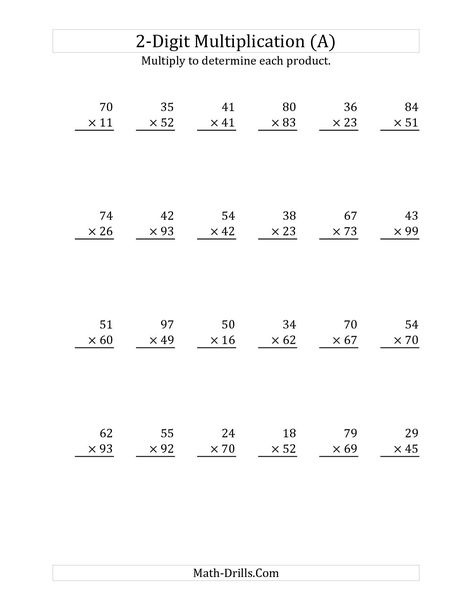 The Multiplying a 2-Digit Number by a 2-Digit Number (A) Long Multiplication Worksheet 4th Grade Multiplication Worksheets, Two Digit Multiplication, Double Digit Multiplication, Decimal Multiplication, Printable Multiplication Worksheets, Math Multiplication Worksheets, Math Fact Worksheets, Integers Worksheet, Multiplication Word Problems