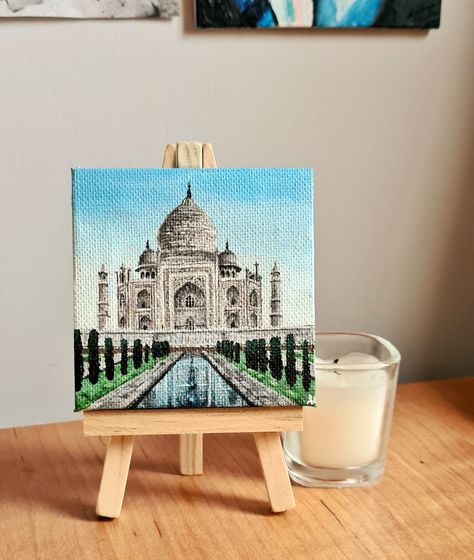 Taj Mahal Acrylic Painting, Miniature Canvas Art, Miniature Canvas Painting Ideas, Miniature Acrylic Paintings, Aesthetic Painting For Wall, Taj Mahal Painting, Small Canvas Art Ideas, Miniature Canvas Painting, Miniature Art Painting