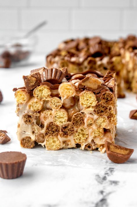 Reese's Puff Marshmallow Treats - My Messy Kitchen Reese’s Puff Marshmallow Treats, Mini Reeses Puffs Rice Crispy Treats, Cereal Mixes, Marshmallow Cereal, Breakfast Cupcakes, Reese's Puffs, Thanksgiving 2023, Sunday Dinners, Marshmallow Treats