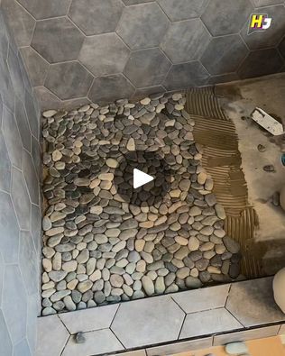 Stone Bottom Shower Pebble Floor, All Stone Bathroom, Shower Floor Pebble, River Rock Bathroom Floor, River Rock Bathroom, Pebble Tile Shower Floor, Stone Shower Floor, Pebble Tile Shower, Pebble Stone Flooring