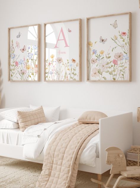 These lovely pastel wildflowers with personalized initial and name watercolors would be a beautiful floral accent to your girl's nursery decor. Wildflower Toddler Girl Room, Wildflower Girls Room, Baby Girl Nursery Butterflies, Butterfly Nursery Baby Girl, Girl Nursery Artwork, Girls Bedroom Artwork, Name Sign Above Crib, Above Crib Decor, Pastel Wildflowers