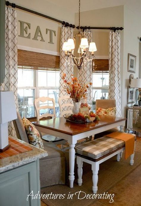 Neutral Breakfast Nook. Farmhouse Kitchen Window Decor, Breakfast Nook Curtains, Nook Seating, Dining Nooks, House Flips, Kitchen Window Decor, Kitchen Bay Window, Trendy Farmhouse Kitchen, Nook Bench