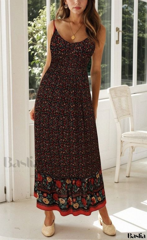 European Inspired Summer Women's Bohemian Floral Print Spaghetti Strap Maxi Dress Bohemian Summer, Floral Print Maxi Dress, Floral Print Maxi, Flowing Skirt, Summer Floral, Boho Outfits, A Line Skirts, Dress Outfits, Floral Print