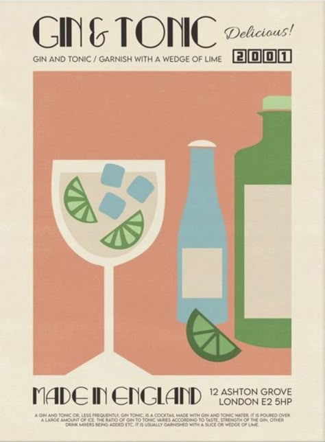 Poster Prints Korean Aesthetic, Gin And Tonic Aesthetic, Cocktail Poster Design, Plakat Design Inspiration, Cocktails Made With Gin, Cocktail Illustration, Collage Mural, Something Nice, Gin Tonic